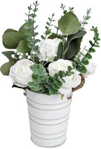 lot 8531 image: Artificial Flowers in Pot - 10-in White Silk Rose with Rustic Metal Vase