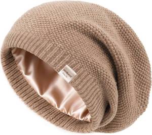 lot 8555 image: YANIBEST Satin Lined Beanie, Warm Winter Hat, Slouchy Knit Beanie, Khaki