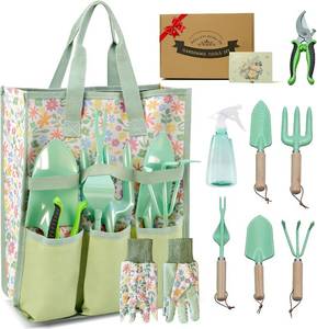 lot 8580 image: 9-Piece Gardening Tool Set for Women with Floral Organizer Bag (Green)