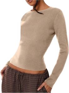 lot 8671 image: RoseSeek Womens Crew Neck Long Sleeve T-Shirts Slim Fit Crop Tops Medium