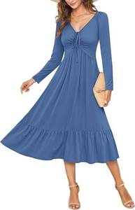 lot 8686 image: AUSELILY Womens Empire Waist Dress, Long Sleeve V-Neck, A-Line Midi Medium