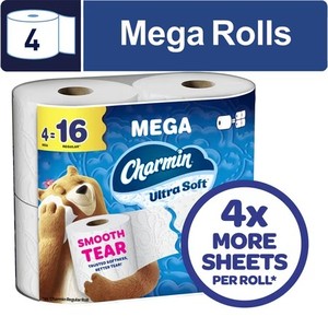 lot 8717 image: Charmin Ultra Soft Toilet Paper, 4 Mega Rolls, 2-Ply Bath Tissue