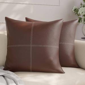 lot 8742 image: Encasa XO Faux Leather Pillow Covers, 20x20, Chocolate Stitch, Set of 2