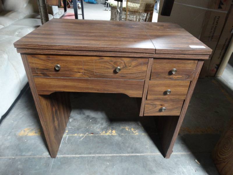 lot 4029 image: Empty wooden sewing cabinet.