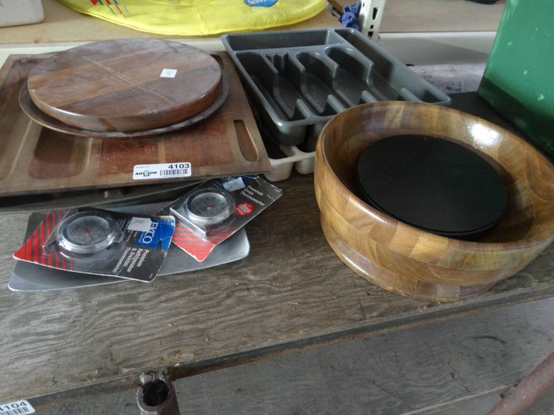 lot 4103 image: Silverware trays, cutting boards. cooking sheets. and wooden bowl