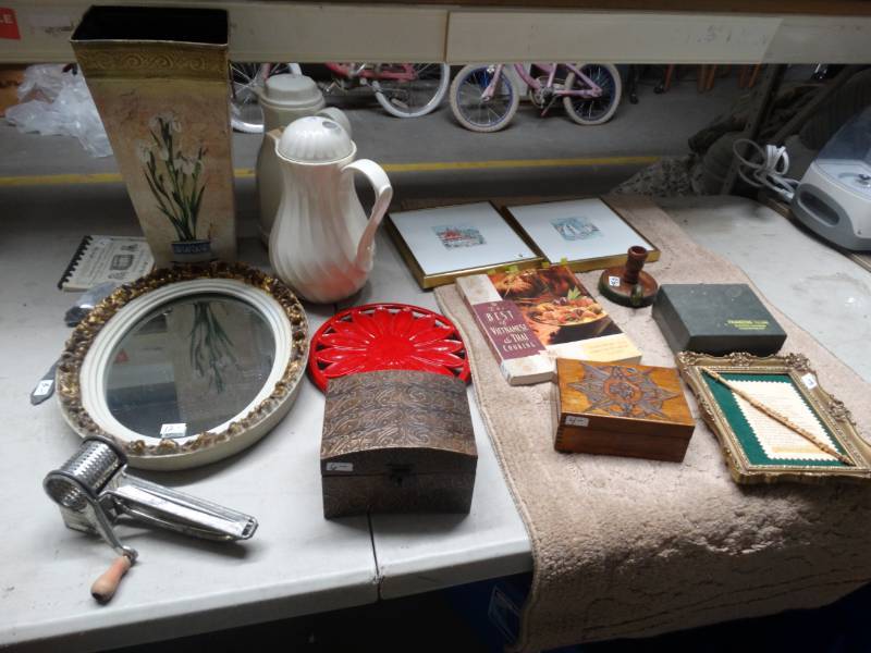 lot 4115 image: Lot of misc decor. Wall mirror. Jewelry boxes. Metal flower vase. Coffee dispensers.