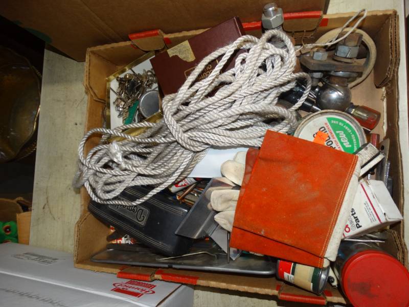 lot 4305 image: Lot of hardware, tools, gloves, trailer balls
