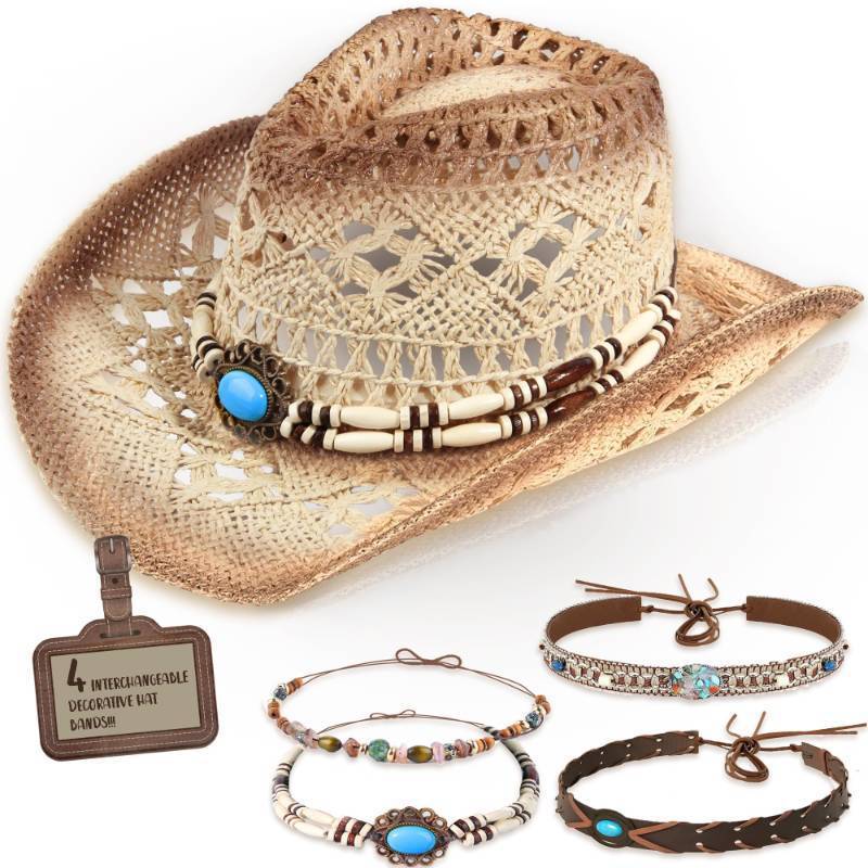 lot 2871 image: Straw Cowboy Hat Western Cowgirl Hat with Four Decorative Bands, Hat Size Fits 21 78 to 23, Wide Brim, Beige