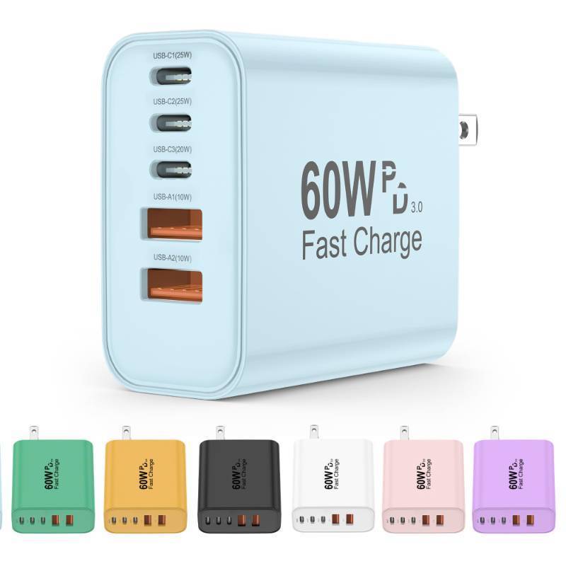 lot 4034 image: USB C Charger Block, 60W 5 in 1 Charging Blocks, PD 3.0 Fast Charger, QC 2A Blue Wall Plug Multiport Type C Charging Block for iPhone 17 16 15 14 13 12 Pro Max, iPad, iPod, Samsung, AirPods Pro