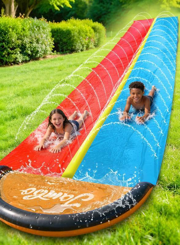 lot 3221 image: JAMBO Premium 24Ft Budget Slip Splash and Slide, Heavy Duty Water Slide with Advanced Sprinkler System, Backyard Waterslide