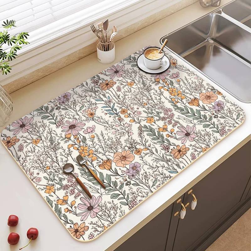 lot 1781 image: Premium Dish Drying Mat - Coffee Bar Matt &amp Drainer Rack, Super Absorbent Mat, 18 x 24 (Bloom Magic, 18  24)