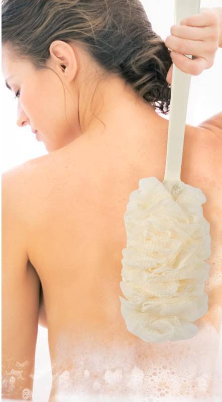 lot 2523 image: 1 Pack Back Scrubber for Shower PIPUHA Loofah Sponge Shower Brush Using Body Exfoliating with Long Handle, Loofah on a Stick ( White)