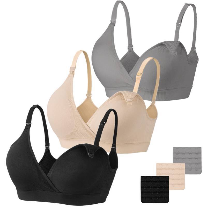 lot 2540 image: Vinfact 3 Pack Nursing Bras for Breastfeeding Seamless V Neck Maternity Bra Women Pregnancy Breastfeeding Bra - XXL,BlackNudeGrey