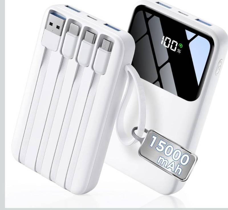 lot 2067 image: HELLEE Power Bank, 15000mAh Portable Charger with Built in Cable, 22.5W Fast Charging, 6 Outputs, Slim Travel Essential Battery Pack with LED Display, Compatible with iPhone 1716151413, iPad White