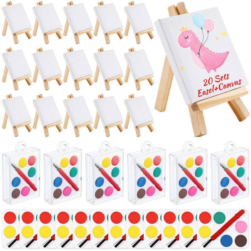 lot 2116 image: Fulmoon 20 Sets Mini Watercolor Paint Sets and 3x3 Canvas Panels, Easels, Brushes, Wooden Easel Kits for DIY Crafts, Classroom Prizes, Graduate Exchange Gifts, Birthday Party Favors (Rectangle)