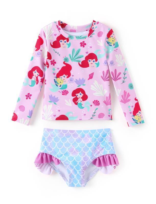 lot 3928 image: Disney Princess Ariel 2PCS Tankini Swimsuit Girl Long Sleeve UPF 50Rashguard Bathing Suit Pool Little Mermaid Swimming Suit Pink Size 6-7 Years