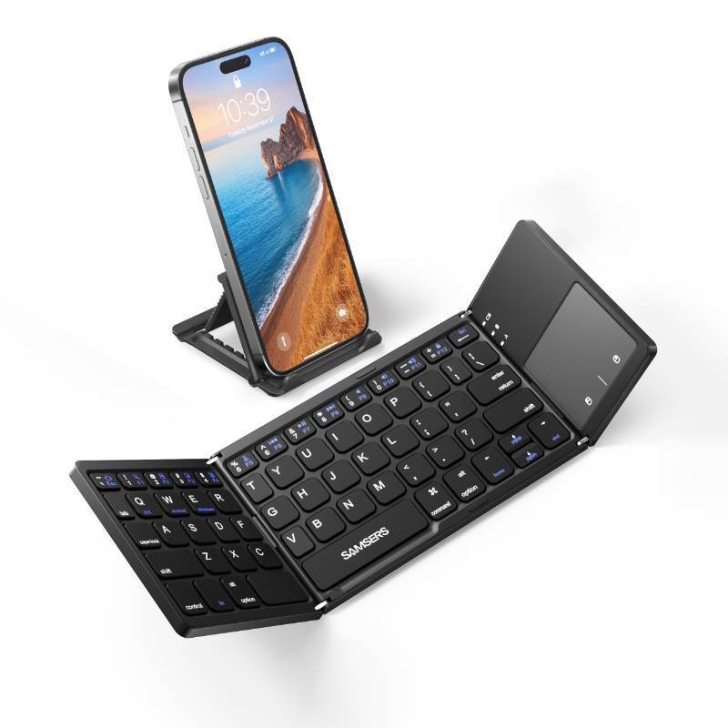 lot 5055 image: Samsers Foldable Bluetooth Keyboard with Touchpad - Portable Wireless Keyboard with Holder, Rechargeable Full Size Ultra Slim Pocket Folding Keyboards for Android Windows iOS Tablet & Laptop - Black