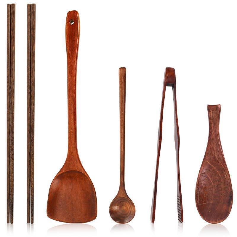 lot 8794 image: ZOOFOX 6 Pieces Wood Utensils Set, Nonstick Wood Kitchen Utensils with Japanese Style, Wooden Long Chopsticks, Spatula, Toaster Tong, Long Handle Spoon and Fish-shaped Rice Spoon for Cooking