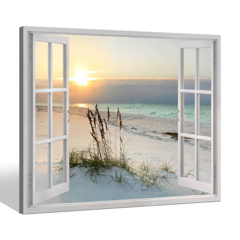 lot 8866 image: Sea Whisper Beach Window Canvas Wall art tropical Sunrise Seascape Picture Coastal Ocean Painting Open Window Artwork Print for Bathroom Decor(12x16)