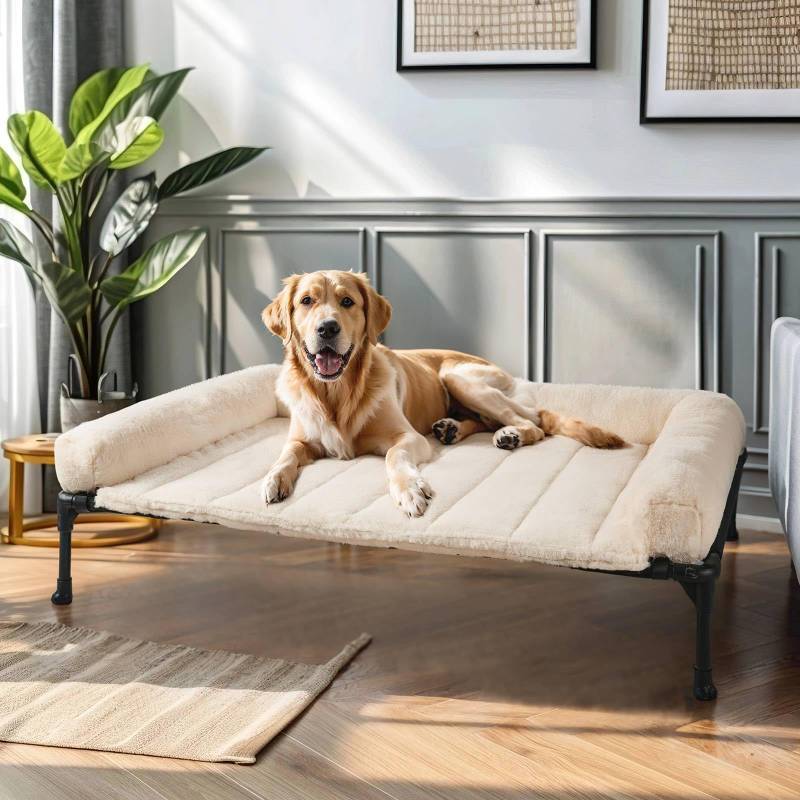lot 5531 image: Veehoo Orthopedic Elevated Dog Bed with Fluffy Plush Bolster Cushion, Indoor Raised Dog Beds for Large Dogs, Soft Pet Sofa Cot with Removable Washable Mat, No-Slip Feet, 42 x 30 inches, Cream White
