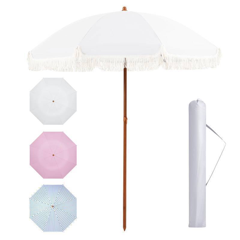lot 3078 image: Aoxun 7ft Patio Umbrella with Fringe Outdoor UV 50 Protection Picnic Umbrella with Aluminum Pole, Ribs Push Button Tilt and Carry Bag, (Shiny Gray with Cream Fringe)
