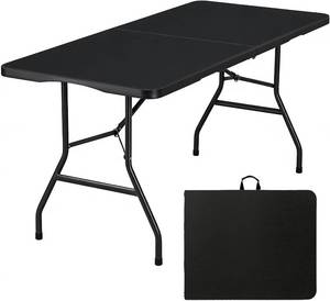 lot 11812 image: Folding Table 6ft, Portable Fold-In-Half Utility Table, Black, HDPE Top