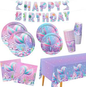 lot 11828 image: Mermaid Decorations Kit for 25 Guests-Plates, Cups, Napkins & Banner 2pack