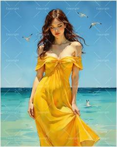 lot 11941 image: Beach Girl Paint by Numbers Kit for Adults - Woman in Yellow Dress, 16x20 in