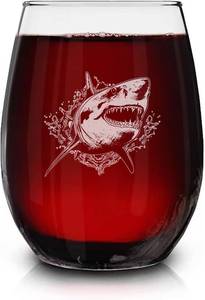 lot 12064 image: Great White Shark Vintage Engraved Stemless Wine Glass - Wildlife Gift