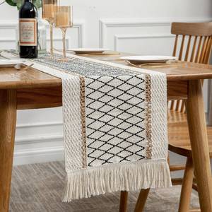 lot 12124 image: Table Runner Linear, Boho Tassels, Cotton & Linen (12x60 in, Black & Beige)