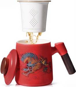 lot 12167 image: Ceramic Tea Cup with Infuser & Lid, 13.5 oz, Wood Handle, Dragon Design