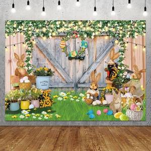 lot 12174 image: Easter Barn Door Backdrop - Lantern Eggs Happy Easter (7 x 5 FT)