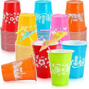 lot 12231 image: SUMMORO 100 Pack 16 oz Hawaiian Luau Cups with Parasol Straws