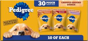 lot 12418 image: Pedigree Chopped Ground Dinner Wet Dog Food Pouches Variety Pack 3.5 oz 30ct