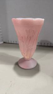 lot 1014 image: Jeannette milk glass painted pink tulip motifs 9 inches tall