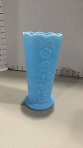 lot 1015 image: Fenton vase Peacock Garden  blue satin milk glass almost 8 inches tall