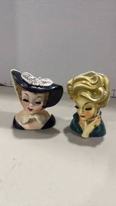 lot 1017 image: Pair of Female Head Figurine Planters with Hat and Pearl Necklace both 5 inches tall