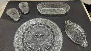 lot 1027 image: Duncan & Miller sandwich crystal deviled egg plate, sugar and creamer dish and more