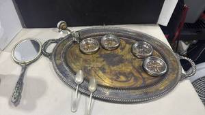 lot 1028 image: Silver plated Oval serving tray Set with Mirror, Coasters, and Spoons and glass doorknob