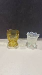 lot 1036 image: vintage amber glass spooner and opalescent footed dish 5 inches tall