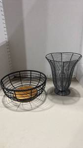 lot 1048 image: French vintage wire amphora basket and Rope Round Fruit Basket featuring a black iron frame and an wood base 9.5 inches tall