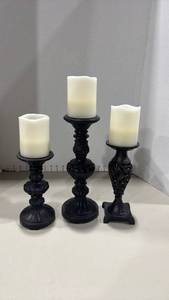lot 1063 image: 3-Piece Pillar Candle Holders with LED Candles