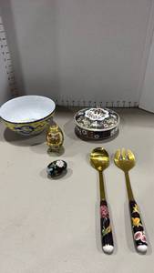 lot 1073 image: Old Imari hand-painted ceramic trinket dish with a lid, egg trinket box, serving spoon and fork and more