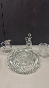 lot 1081 image: Pressed glass syrup dispenser, divided tray and more