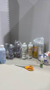 lot 1163 image: Fabric Craft Supplies Lot - Adhesive, Stiffener, Spray, Thread and Scissors
