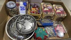 lot 1200 image: Sewing & Craft Supplies Lot Pin Cushions Beads Glue Storage Tins