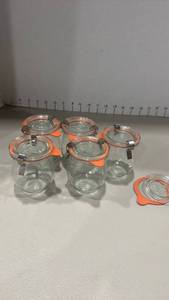lot 1241 image: 5 Weck Glass Jars with Hinged Lids Orange Silicone Clamp Closures extra lid and silicone seal