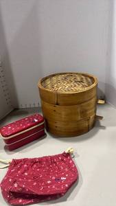 lot 1243 image: traditional two-tier bamboo steamer basket set and Japanese bento box set