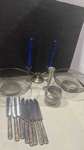 lot 1251 image: 8 Stainless Knives, 2 Wire Baskets, Candelabra, Pewter Bud Vases