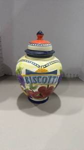 lot 1255 image: Biscotti Ceramic Covered Jar Hand-Painted Fruit Motif 11 inches tall